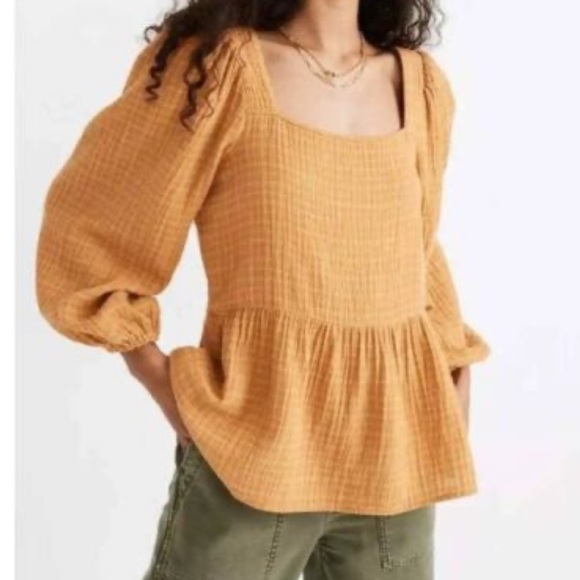 Madewell Tops - Madewell New M Milkbrook Gold Yellow Plaid Puff-Sleeve Peplum Top